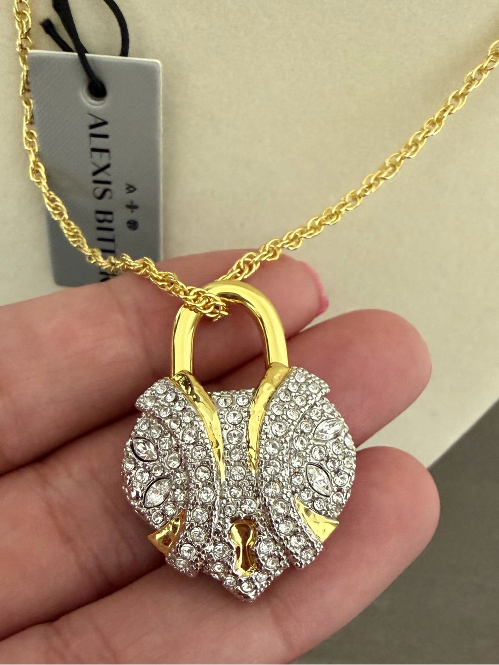 NWT Alexis Bittar Crystal Heart Pavé Padlock Pendant Necklace Gold Tone Chain